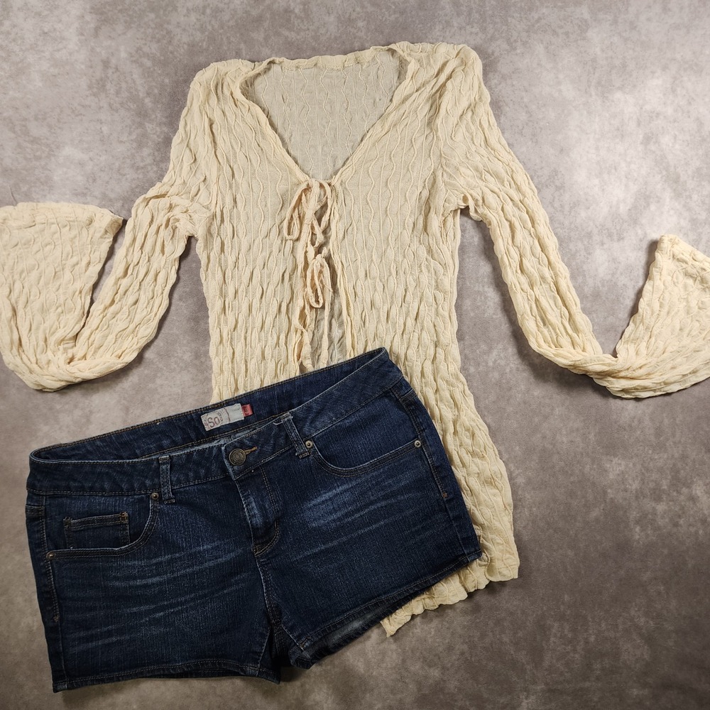 Cream Knit Textured Tie Front Bell Sleeve Cardigan Top Medium Boho
